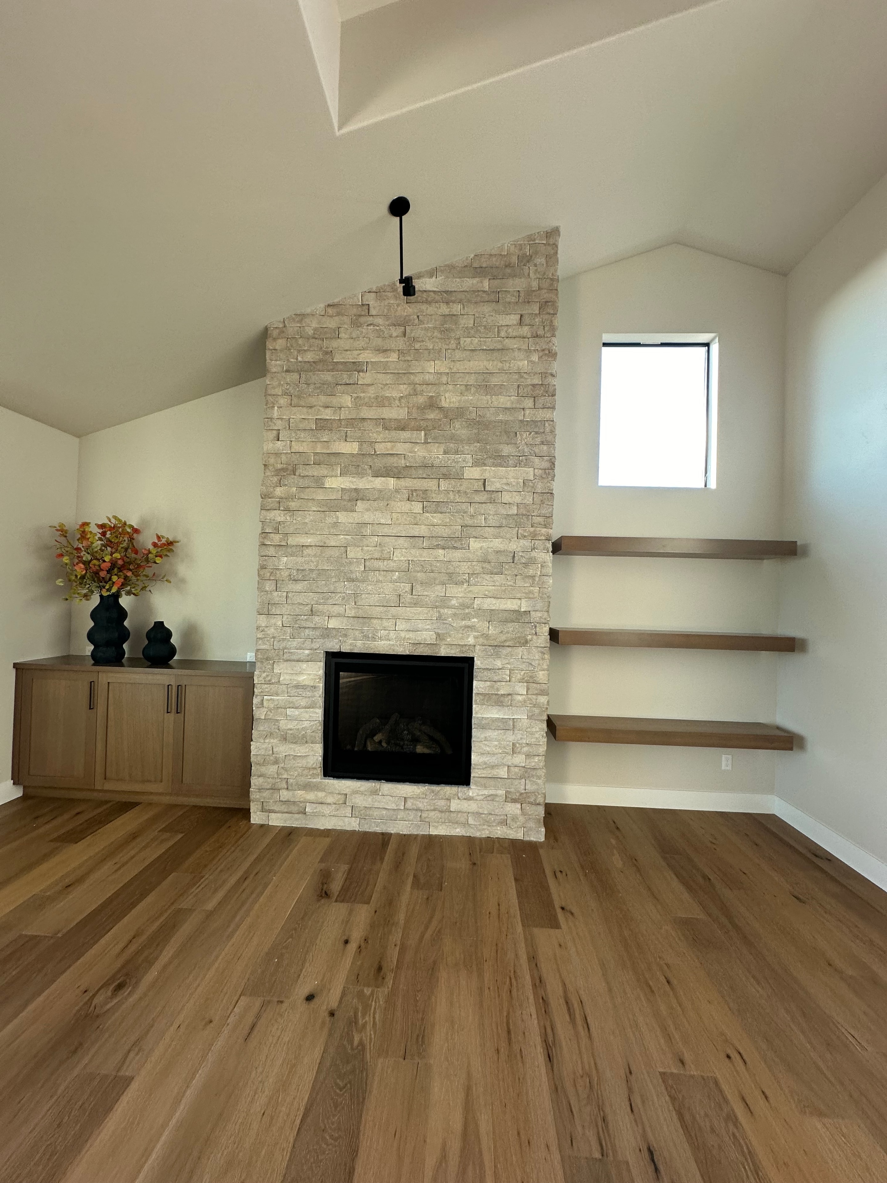 Vaulted Stacked Stone Fireplace
